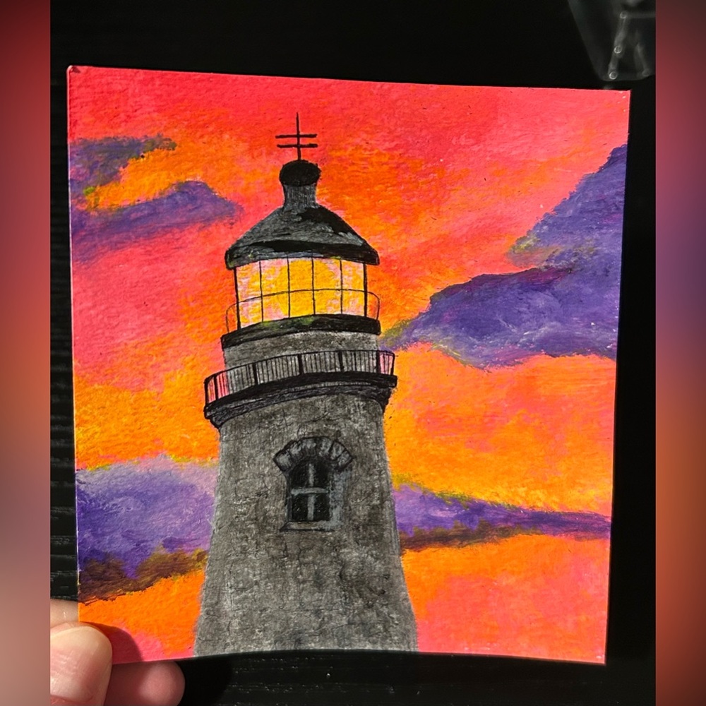 Vibrant Sunset Lighthouse Painting